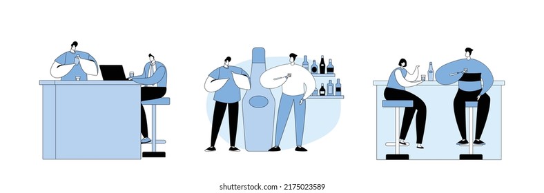 Bar Recreation Concept. People Visiting Pub, Couple Sit at High Chairs Drinking Alcohol on Counter Desk, Businessman Character Work on Laptop, Barman Making Cocktails. Linear Vector Illustration