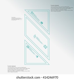 Bar rectangle infographic illustration template askew divided to three blue parts. Each part contain text, number and sign and is created by double outline contour.
