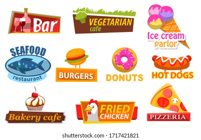 Bar and restaurant, bakery cafe stickers, label of ice-cream, seafood and burger, donuts and hot-dog, fried chicken and pizza. Fastfood symbols, meat and candy, lunch logo, delicious food vector