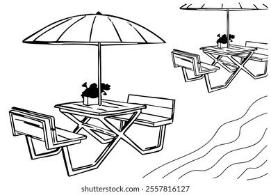 Bar restaurant beach with water and table chair, Beach cafe graphic black white landscape sketch illustration vector.