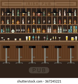 Bar Restaurant with counter in flat style. Vector banner of interior with bar counter, bar chairs and shelves with alcohol.