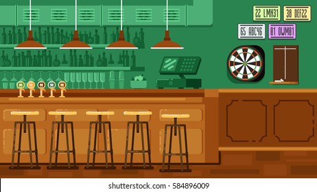 Bar Restaurant with counter in flat style. Vector banner of interior with bar counter, bar chairs and shelves with alcohol.