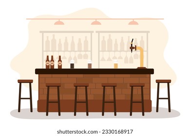 Bar restaurant with counter. Interior with pub counter, bar chairs and shelves with alcohol. No people, empty. Beer faucet, glasses and beer bottles. flat vector illustration