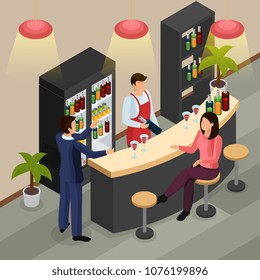 Bar restaurant isometric background, bartender with wine bottle, customers near counter, interior elements vector illustration 
