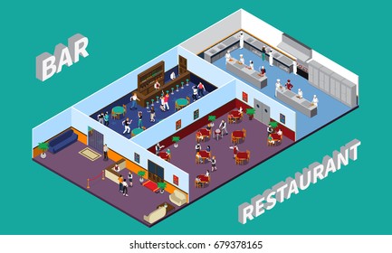 Bar restaurant isometric design with staff and clients hall kitchen interior elements on green background vector illustration 