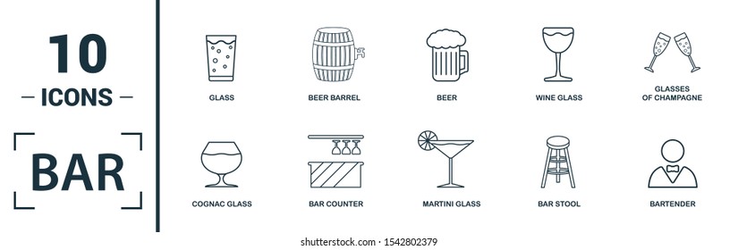 Bar - Restorant icon set. Include creative elements glass, beer, bartender, shaker, menu icons. Can be used for report, presentation, diagram, web design.