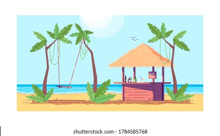 Bar and rope swing semi flat vector illustration. Summer recreation in tropical resort. Hawaii relaxation. Travel relaxation. Beach activity 2D cartoon landscape for commercial use