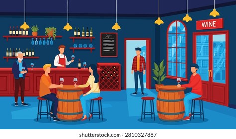 Bar scene with patrons and bartenders serving wine at a cozy pub counter, warm lighting, and festive bottles decor.