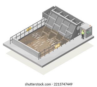 bar screening factory wastewater treatment process diagram Environmental system vector isometric