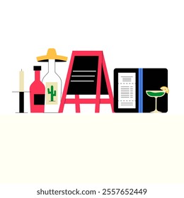 Bar Setup With Menu And Drinks In Flat Vector Illustration Symbolizing Beverage Service, Casual Dining, And Nightlife, Isolated On White Background