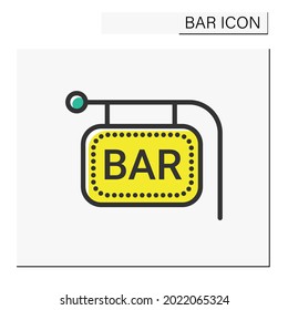 Bar sign color icon. Bright neon signboard. Advertisement, pointer. Night luminous billboard. Cocktail party and drinking establishment concept. Isolated vector illustration