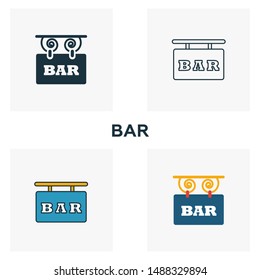 Bar Sign icon set. Four elements in diferent styles from bar and restaurant icons collection. Creative bar sign icons filled, outline, colored and flat symbols.