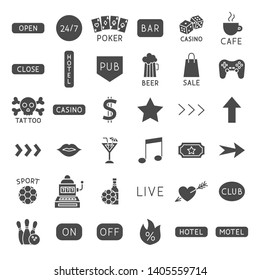 Bar Signs Solid Web Icons. Vector Set of Food Glyphs.