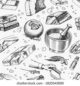 Bar of soap background. Seamless pattern. Washing hands in vintage style. Homemade packaging. Foam production process. Organic Bubble cosmetic for Bath. Drawn a monochrome engraved sketch.
