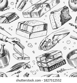 Bar of soap background. Seamless pattern. Washing hands in vintage style. Homemade packaging. Foam production process. Organic Bubble cosmetic for Bath. Drawn a monochrome engraved sketch.