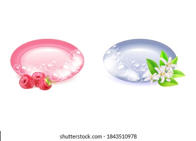 Bar of soap  and berries in foam and bubbles on a white background.Realistic vector illustration.Shampoo bubbles texture.