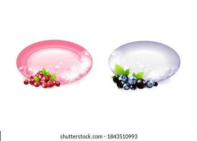 Bar of soap  and berries in foam and bubbles on a white background.Realistic vector illustration.Shampoo bubbles texture.