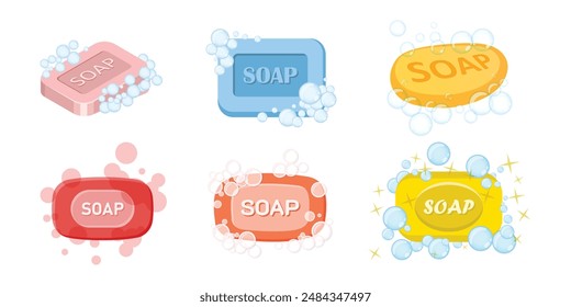 Bar of soap with foam icon set in flat style. Cosmetic product for hygienic vector illustration on isolated background. Toiletries sign business concept.