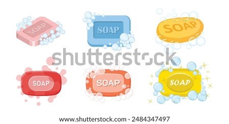 Bar of soap with foam icon set in flat style. Cosmetic product for hygienic vector illustration on isolated background. Toiletries sign business concept.