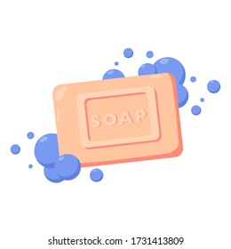 Jabón con espuma aislado sobre fondo blanco. Ilustración plana vectorial. Jabón con burbujas. Baño rosa jabón en agua.
