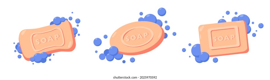 Bar of soap with foam isolated on white background collection. Vector flat illustration. Pink bath soap in water. Body care set