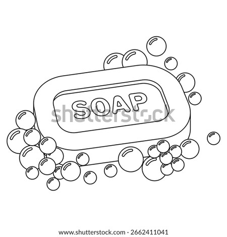 bar of soap with foam isolated on white, black and white vector illustration