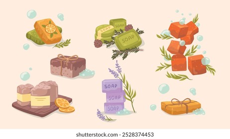 Bar of soap with foam set in cartoon style. Cosmetic product for hygienic