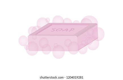 Bar of soap with foam. Transparent soap bubbles. Isolated object on white background. Vector illustration.