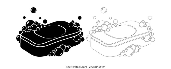 Bar of soap with foamy bubbles hygiene icon. Washing and cleaning
