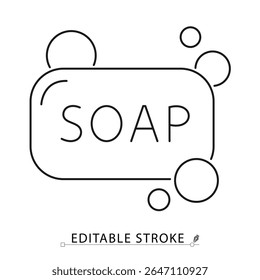 A bar of soap icon in minimalist style with editable stroke. Hygiene product, bathroom item, hand washing, skincare tool, sanitation object, cleaning symbol, outline drawing, vector line illustration.