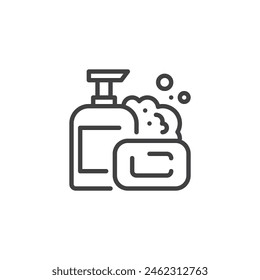 Bar of soap and liquid soap dispenser line icon. linear style sign for mobile concept and web design. Soap bar and bottle outline vector icon. Cleaning agent symbol, logo illustration. Vector graphics