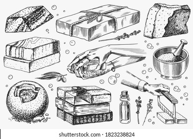 Bar of soap. Washing hands in vintage style. Homemade packaging. Foam production process. Organic Bubble cosmetic, natural lather for Bath. Drawn a monochrome engraved sketch for spa label or banner.