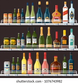 Bar stall or alcohol store showcase with drinks, booze shop stand with vodka and lager beer cans, champagne bottles and cognac. Sale and trade, retail and restaurant, pub and supermarket theme