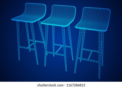 Bar stool furniture wireframe blueprint. Linear outline vector illustration. High chair. Bar interior design.