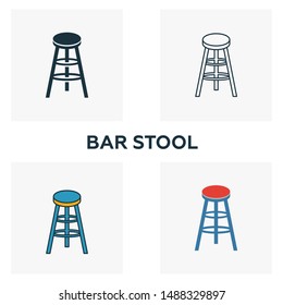 Bar Stool icon set. Four elements in diferent styles from bar and restaurant icons collection. Creative bar stool icons filled, outline, colored and flat symbols.