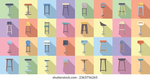 Iconos de taburete de barra establecen un vector plano. Club de sillas. Cafetería de muebles