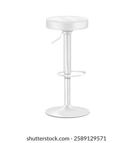 Bar stool with round soft seat cushion and foot rest. Realistic 3d vector mockup. White swivel adjustable height high bar chair with footrest. Mock-up