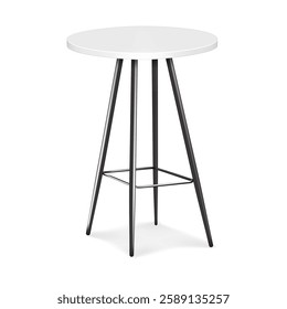 Bar stool with round soft seat cushion and foot rest. Realistic 3d vector mockup. White swivel adjustable height high bar chair with footrest. Mock-up