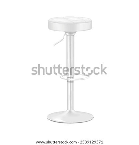 Bar stool with round soft seat cushion and foot rest. Realistic 3d vector mockup. White swivel adjustable height high bar chair with footrest. Mock-up