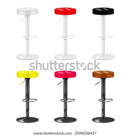 Bar stool with round soft seat cushion and foot rest isolated. Realistic 3d vector mockup. White, black, color. Easy editable. Swivel adjustable height high bar chair with footrest. Mock-up set