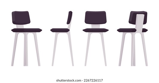 Bar stool tall chair furniture black set, wood height barstool. Cafe, restaurant comfort seat, living room, kitchen interior. Vector flat style cartoon home, office articles isolated, white background