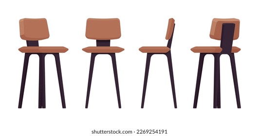 taburete de bar alto mobiliario de silla marrón, taburete de madera alto. Cafetería, salón de estar, cocina interior. Hogar de dibujos animados de estilo plano vectorial, artículos de oficina aislados, fondo blanco