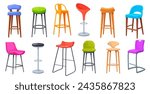 Bar stools. Tall stool, standing high seat for bar club or office store, modern vintage wooden chairs restaurant bistro kitchen studio furniture, cartoon vector illustration of chair high interior