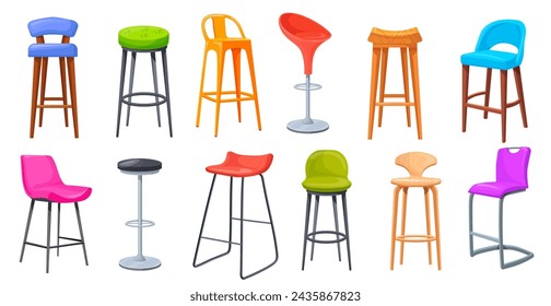 Bar stools. Tall stool, standing high seat for bar club or office store, modern vintage wooden chairs restaurant bistro kitchen studio furniture, cartoon vector illustration of chair high interior