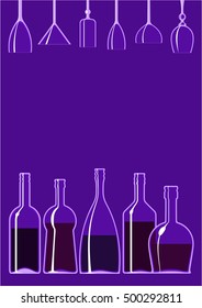 Bar style blue copy space confined with open and started bottles as the lower border and hanging empty wine glasses above.