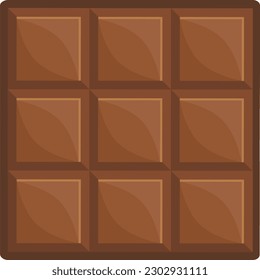 Bar of sweet milk chocolate divided into cubes, delicious pleasant dessert for tea drinking. Square piece of dark chocolate plate. Simple colored flat vector icon isolated on white background