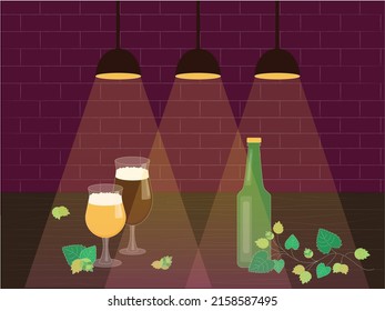 bar table with a bottle of beer and two glasses, vector illustration