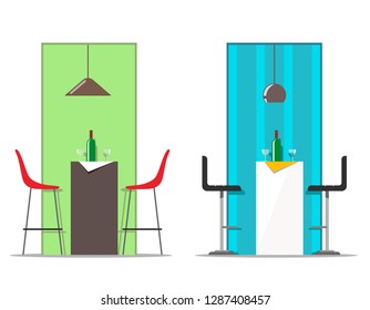 Bar table and chairs with hanging lamp, bottle and glasses. Vector illustration in flat style on a white background.