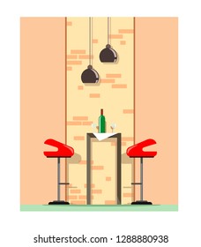 Bar table and chairs with hanging lamp, bottle and glasses. Wall with brick trim. Vector illustration in flat style on a white background.