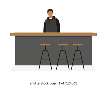 Bar table with chairs and male character at the table on white background